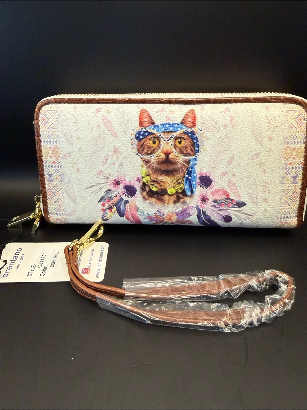 Cat Print Zip-Around Wallet Wristlet in Cream and Brown